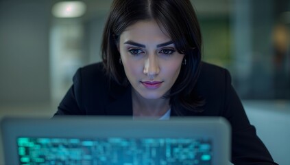 Focused businesswoman working late at her laptop, analyzing data and solving complex problems in a dim, modern office environment for professional success