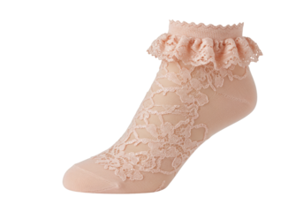 Isolated ankle sock with lace frill in light peach color for women, fashion item close-up