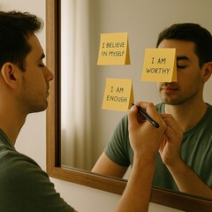 Mirror Reflection of Inner Thoughts: A man gazes intently at his reflection in a mirror, writing inspiring affirmations on sticky notes and symbolizing self-belief, self-love, and self-acceptance.