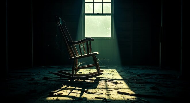 Wooden rocking chair in dusty abandoned room with light rays from window wooden chair