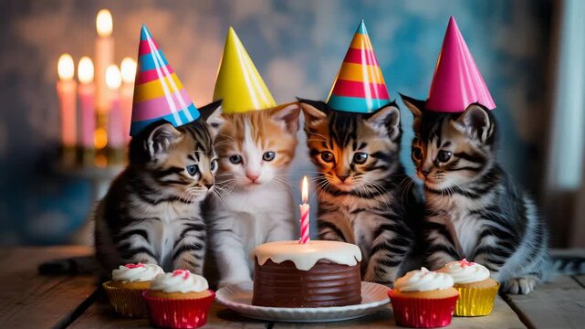 Adorable kittens celebrate birthday party with cake and candles looking directly at the camera angle