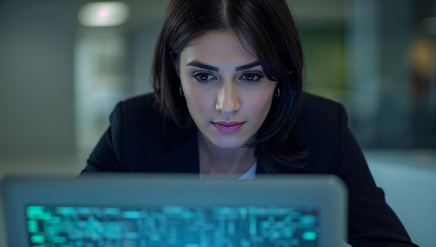 Focused businesswoman working late at her laptop, analyzing data and solving complex problems in a dim, modern office environment for professional success
