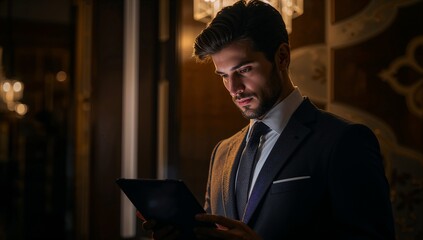 Sophisticated businessman checking tablet in dimly lit upscale interior, a portrait of modern ambition and success in a luxurious setting