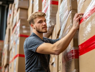 Selective focus. Worker checking package sealing to ensure product quality. Industrial worker verifying package seals before shipment