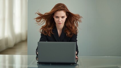 Driven businesswoman working on laptop in modern office, her auburn hair flowing beautifully, embodying power and focus on achieving success today
