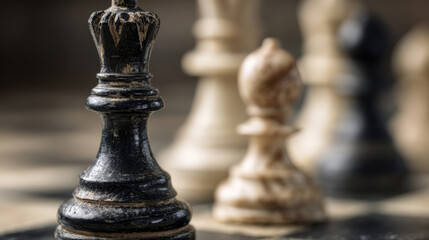 well-used black king chess piece, standing prominently on vintage board. Blurs other pieces in background, emphasizing strategy, intellectual games, leadership, competition, complex decision-making.