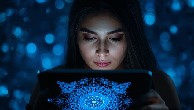 Young woman immersed in a digital world, mesmerized by glowing patterns on her tablet in a modern, futuristic setting with dreamy blue bokeh lights - Powered by Adobe