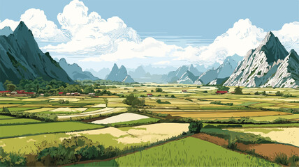 Spectacular Rice Fields and Mountain Landscape View Vector Image