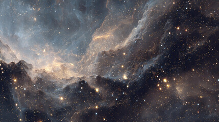 Deep Space Nebula with Wispy Interstellar Clouds, Sparkling Golden Stars, and Gas Formations Against a Dark Universe Backdrop, Perfect for Abstract, Sci-Fi, and Astronomical Background Designs