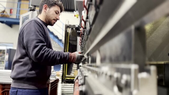 Factory worker bending metal sheet using press brake