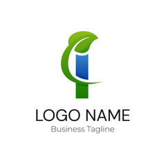 Logo Letter I Green Blue Leaf Business Company Design Template