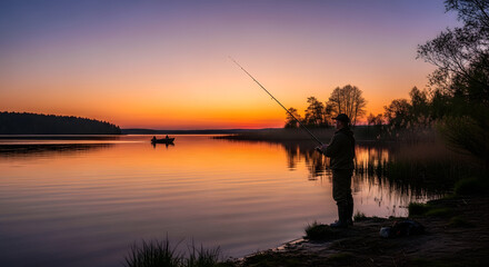 Fisherman casting line at tranquil lake during colorful sunset