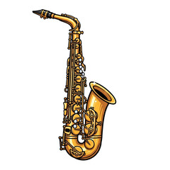 Naklejka premium Watercolor Golden Saxophone Musical Instrument isolated on a transparent background