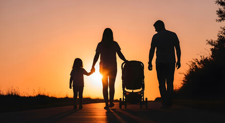 Family with child and stroller walking on path at golden sunset