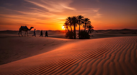 Camel and people walking in desert at sunset with palm trees