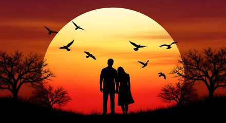 Silhouetted couple holding hands at scenic sunset with birds