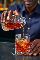 A bartender delivers refined service by pouring golden whiskey from a crystal decanter into an ice-filled glass, reflecting elegance and upscale nightlife.