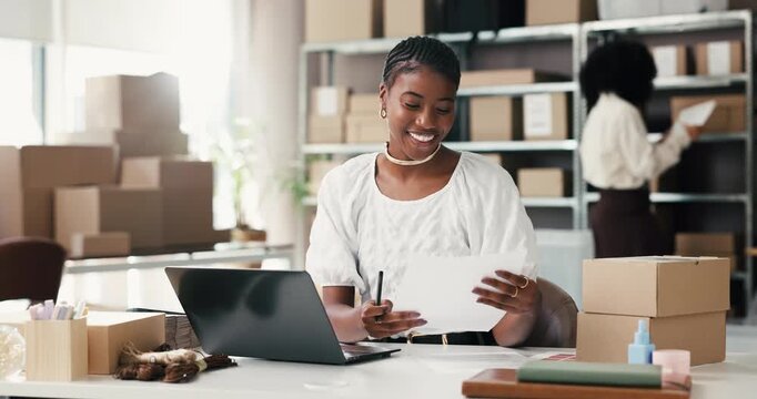 Ecommerce, paper or woman in office with laptop, delivery or export management in supply chain. Logistics, checklist document or supplier in agency with tech, package or cargo control in distribution