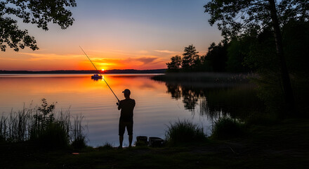 Silhouette of a lone man fishing by a serene lake at vibrant sunset