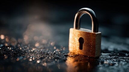 Padlock security safety protection lock privacy access secure metal golden keyhole closed steel chrome shiny surface safeguard secret confidential