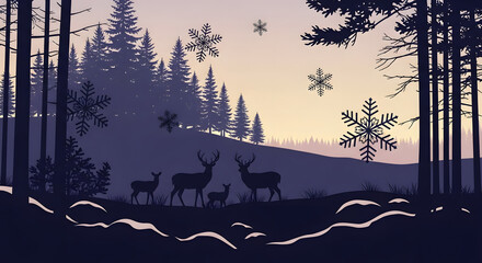 Deer family in winter forest with falling snowflakes at sunset