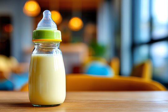 Milk bottle resting on pale wood table in softly lit nursery, expressing peaceful care and family warmth.