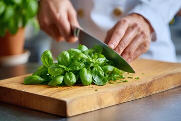 A chef carefully chops bright green basil leaves on a wooden cutting board in a commercial kitchen.