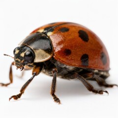 Macro close-up of a ladybug on a white background, detailed view of red elytra with black spots, legs and antennae, insect macro photography, entomology science concept, minimalistic composition with 
