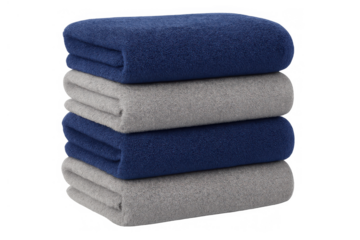 Stack of soft folded fleece blankets in blue and grey colors providing warmth and comfort on transparent background
