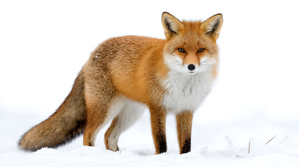 A striking red fox stands alert on a pristine white snow covered ground its bushy tail curled in a serene winter landscape