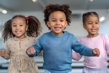 An energetic group of children jump joyfully on trampolines in a bright indoor play area, capturing excitement, movement, and fun in colorful surroundings.