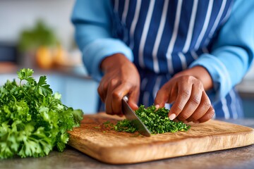 Close-up of a chef chopping leafy green herbs on a wooden board in a bright culinary environment.