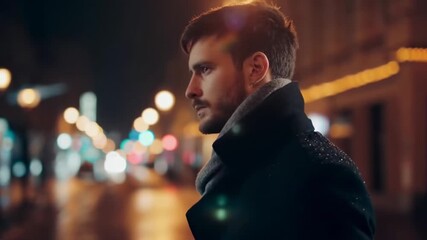 Pensive man walking city streets at night reflects on life goals during peaceful evening stroll in vibrant urban setting