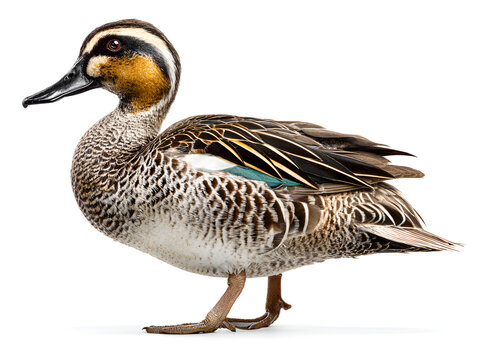 A detailed studio portrait of a garganey duck with intricate plumage and striking facial markings against a clean white background