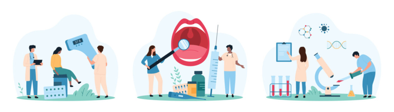 Medical examination by hospital staff set. Tiny people holding infrared thermometer to measure fever in sick patient, examine open human mouth with magnifying glass cartoon vector illustration