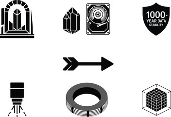Holographic Memory Crystals Bundle&mdash;archival crystal vault, crystal vs HDD size comparison, 1000-year data stability shield, holographic read beam arrow, femtosecond laser pulse and more