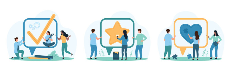 Chat messages, comment in social media, customer feedback set. Tiny people and speech bubbles with check mark, heart and gold star of users good assessment about product cartoon vector illustration
