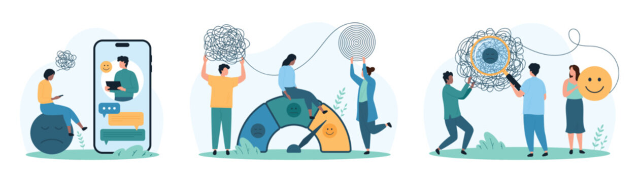 Therapy for mental health problems, psychotherapy set. Tiny people research chaos of threads with magnifying glass online, change mood of patient with speedometer scale cartoon vector illustration