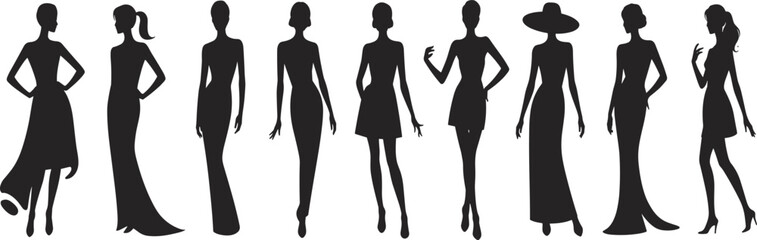 Stylish women fashion silhouette collection vector illustration, elegant female models in modern dresses and poses isolated for design and beauty.