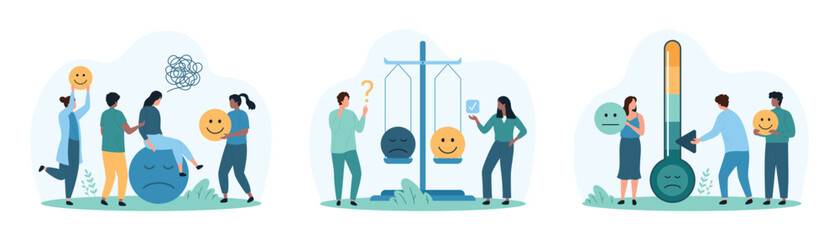 Satisfaction survey with emoji of customers mood from product or service experience set. Tiny people try to change sad emotions, weigh positive negative emoticons on scales cartoon vector illustration