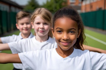 A diverse group of young children in white sports uniforms smile as they take part in an outdoor team activity, highlighting teamwork, joy, and vibrant energy.