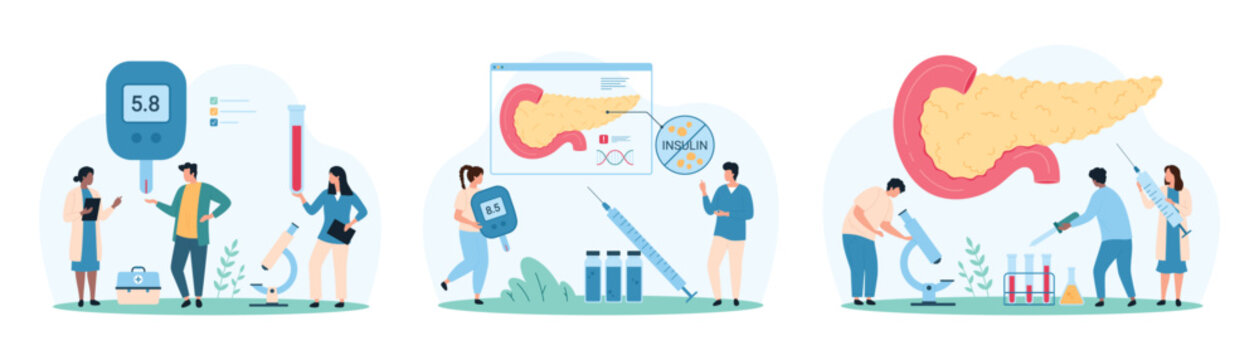 Diagnosis and treatment of pancreatic diseases set. Tiny people with microscope study pancreas of patient and diabetes reasons, test blood on sugar level with glucometer cartoon vector illustration