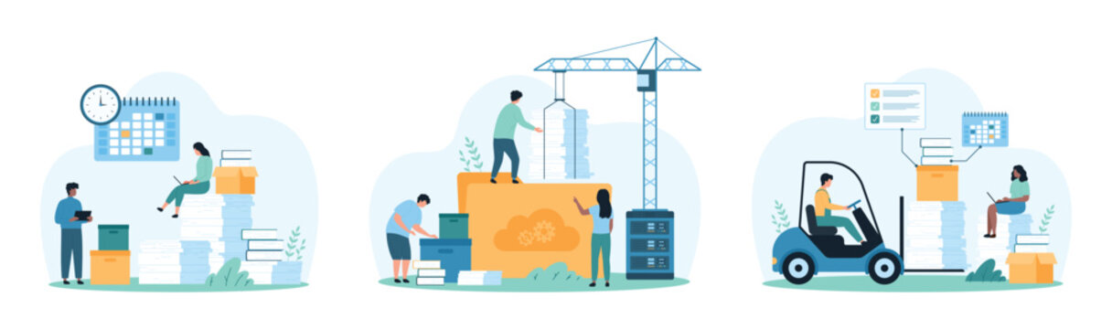 Paperwork, bureaucracy, data storage and organization of documents set. Tiny people load stack of paper sheets, folders and books with forklift and construction crane cartoon vector illustration