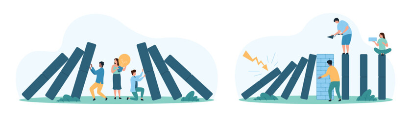 Proactive crisis management, success strategy set. Tiny people building brick wall to avoid business failure, work on idea to stop domino falling effect, overcome crisis cartoon vector illustration © Iconic Prototype