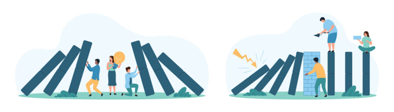 Proactive crisis management, success strategy set. Tiny people building brick wall to avoid business failure, work on idea to stop domino falling effect, overcome crisis cartoon vector illustration
