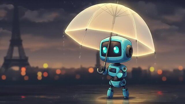 Cute Robot Character Walking in the Rain with an Umbrella in Paris at Night