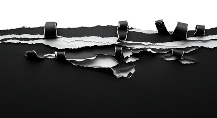 Abstract close up of a torn black paper edge revealing white paper underneath with rough textured edges