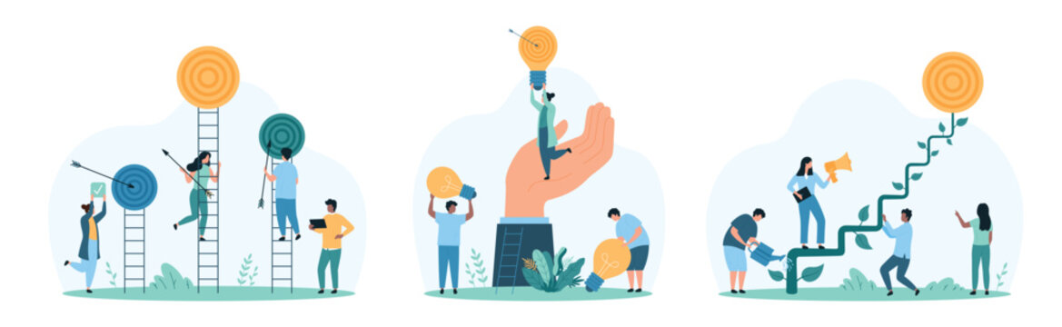 Success goal achievement set. Tiny people climb up ladders to reach target with arrow, grow steps of career stairs from plant, giant hand holding woman with light bulb cartoon vector illustration