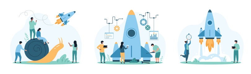 New project launch, system optimization and update, boost of creative ideas set. Tiny people repair speed rocket before launch, ride snail to win business competition cartoon vector illustration © Iconic Prototype