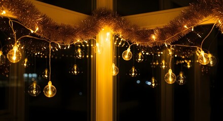 Golden lights illuminate cozy corner creating warm inviting atmosphere holiday lights enhance decor reflecting through window creating magical ambiance home decoration idea